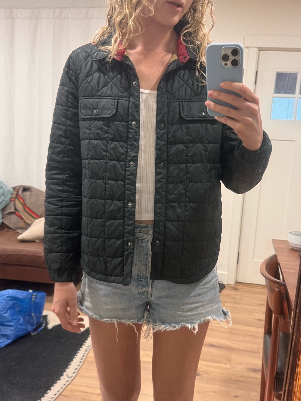 Woolrich Black Quilted Snap-Front Utility Jacket with Red Collar Accent